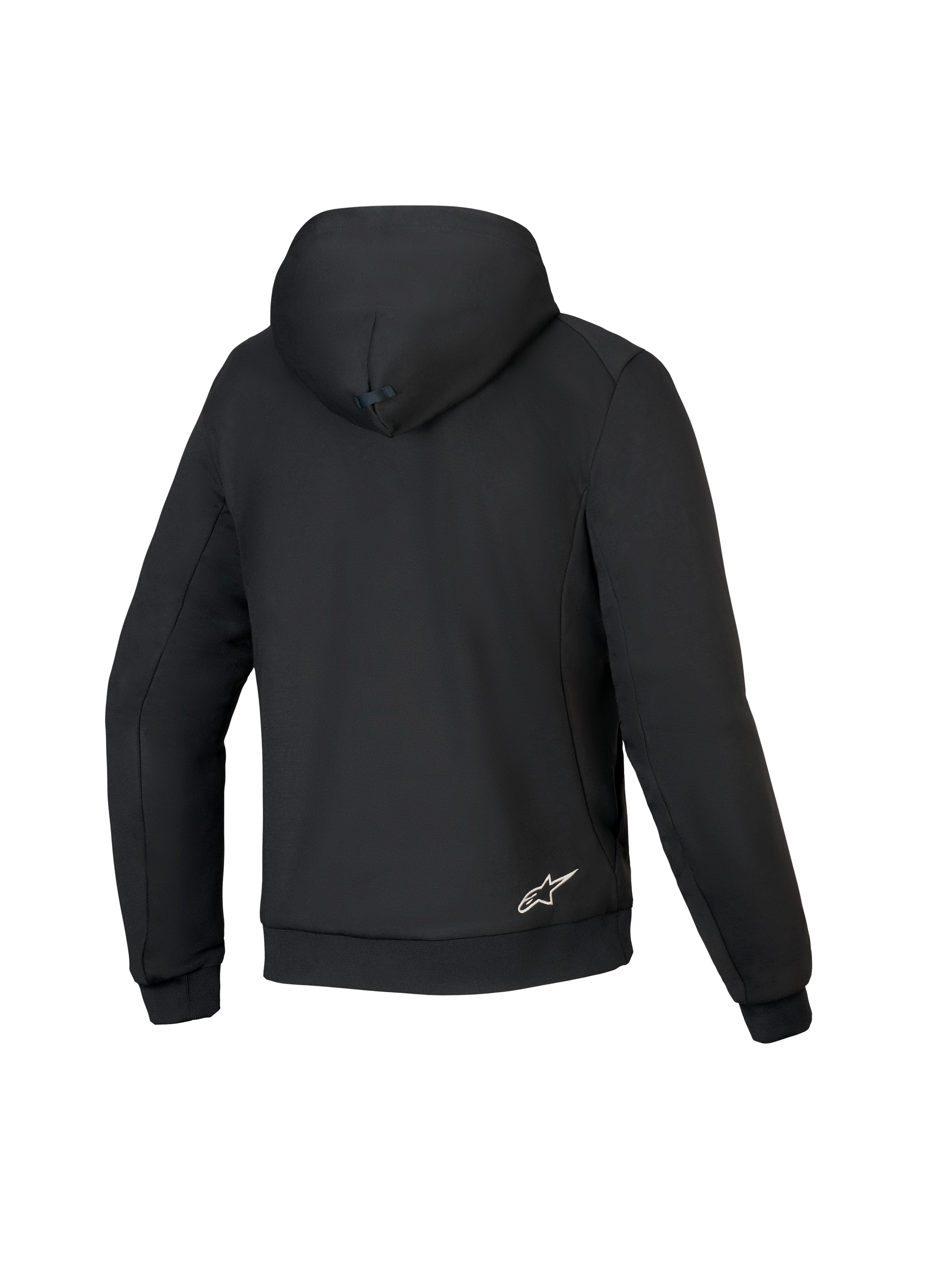Alpinestars Honda Chrome V3 Sport Hoodie, Schwarz, Rückansicht des Motorrad-Hoodies, Tech-Fleece-Konstruktion, Kapuze mit Druckknopfverbindung, gerippte Bündchen und Saum, kleines weißes Alpinestars-Logo am unteren Rücken
