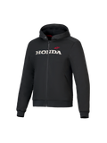 Alpinestars Honda Chrome V3 Sport Hoodie, schwarze Kapuzenjacke mit Front-Reißverschluss, weißes HONDA-Logo und roter Alpinestars-Stern auf der Brust, lange Ärmel mit Rippbündchen, rotes Kapuzenfutter, urbane Motorradbekleidung