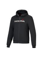 Alpinestars Honda Chrome V3 Sport Hoodie, schwarze Kapuzenjacke mit Front-Reißverschluss, weißes HONDA-Logo und roter Alpinestars-Stern auf der Brust, lange Ärmel mit Rippbündchen, rotes Kapuzenfutter, urbane Motorradbekleidung