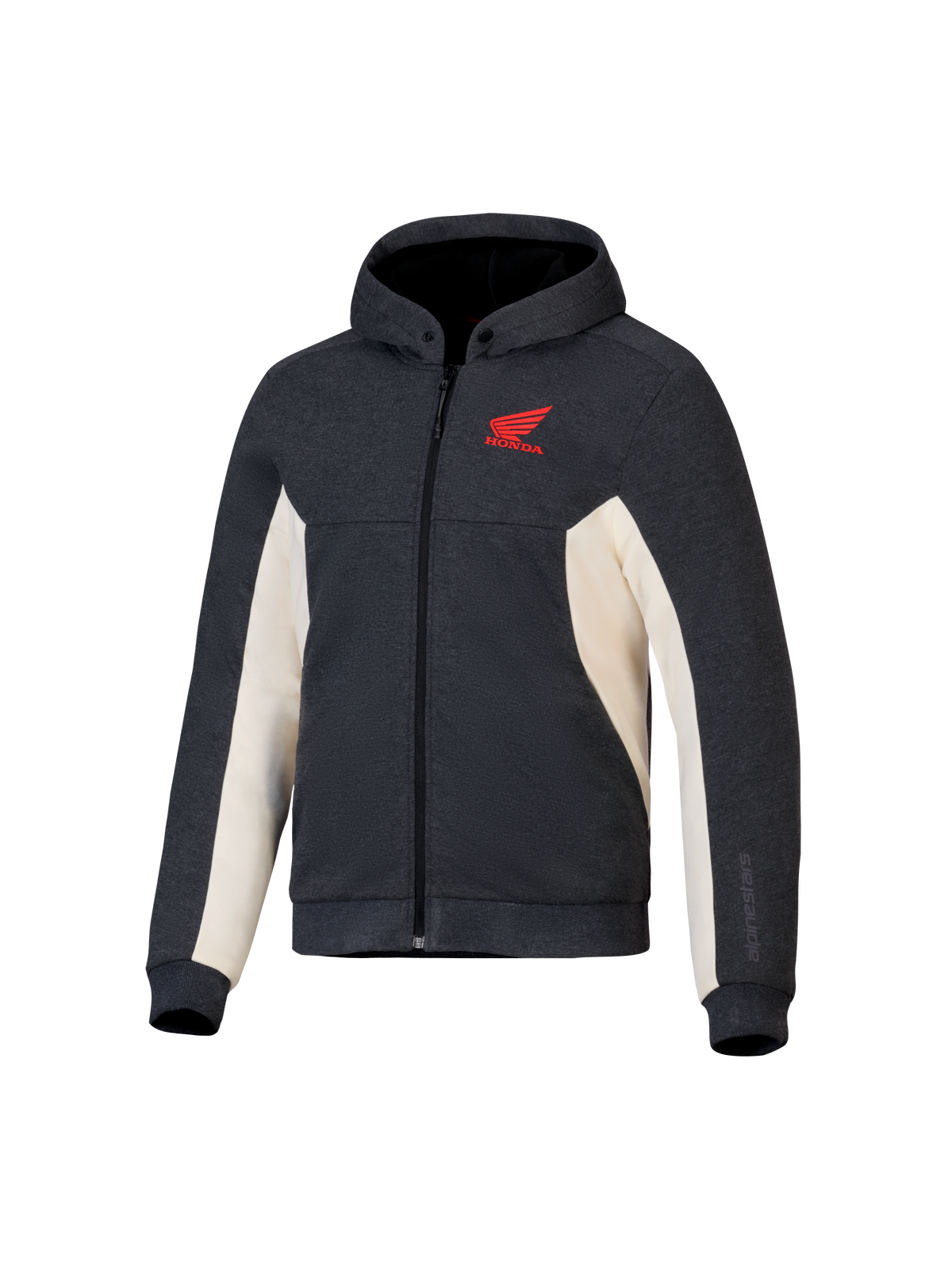 Alpinestars Honda Chrome V3 Sport Hoodie, Anthrazit Melange und Off-White, rotes Honda Wing-Logo auf der Brust, Tech-Fleece mit durchgehendem Reißverschluss, Kapuze mit Druckknopf und gerippten Bündchen, lässige urbane Motorradbekleidung