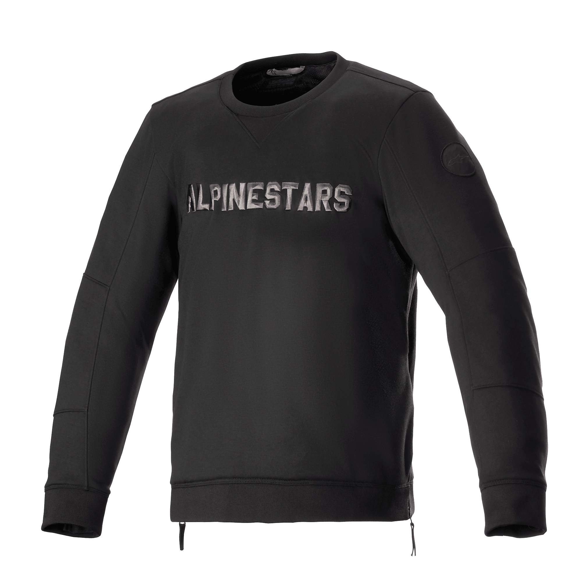 Alpinestars Legit Crew Fleece, Urbane Motorradjacke, Schwarz und Cool Gray, Pullover mit Rundhalsausschnitt und metallischem Brustlogo, seitliche Reißverschlüsse, gerippte Bündchen und Saum, lässige Fahrausrüstung