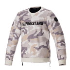 Alpinestars Legit Crew Fleece, Motorrad-Pullover, hellgraues Camouflage-Muster, markantes schwarzes ALPINESTARS-Logo auf der Brust, schwarzer runder Patch am Ärmel, gerippte Bündchen und Saum, lässige urbane Fahrbekleidung