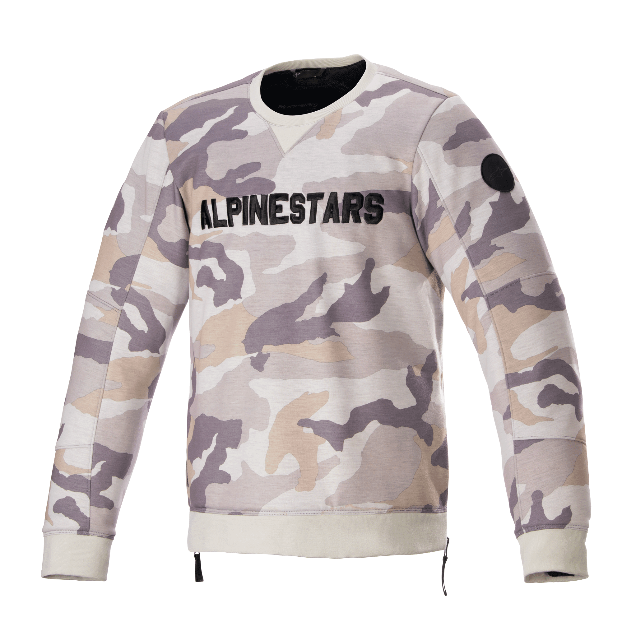 Alpinestars Legit Crew Fleece, Motorrad-Pullover, hellgraues Camouflage-Muster, markantes schwarzes ALPINESTARS-Logo auf der Brust, schwarzer runder Patch am Ärmel, gerippte Bündchen und Saum, lässige urbane Fahrbekleidung