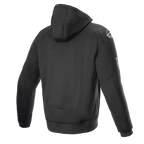 Alpinestars FQ20 Chrome Ignition Monster Hoodie, schwarzer Motorrad-Hoodie, Rückansicht, weißes Alpinestars-Logo auf der Schulter, Monster Energy-Branding am Ärmel, lässiges urbanes Design mit schützender Textilkonstruktion