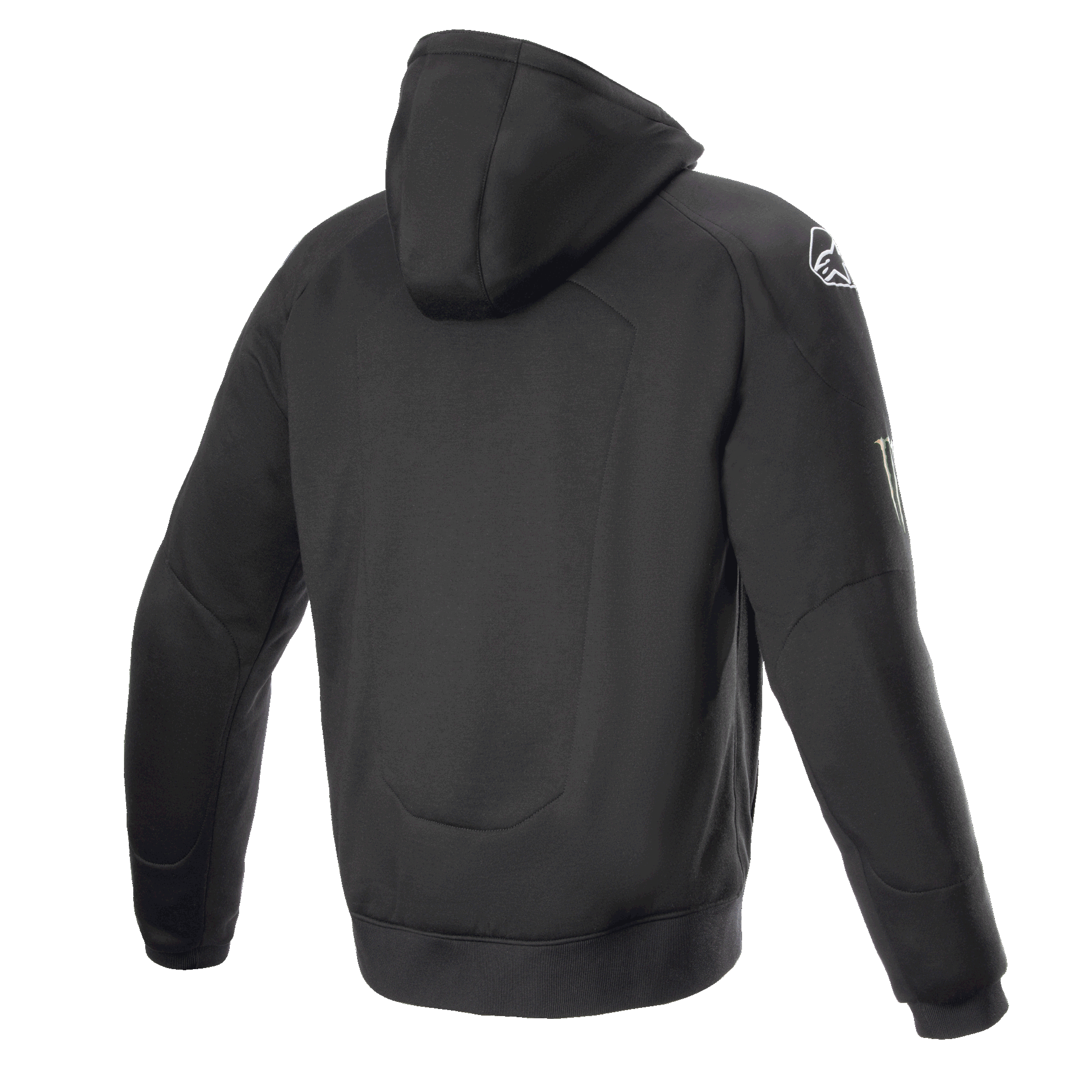 Alpinestars FQ20 Chrome Ignition Monster Hoodie, schwarzer Motorrad-Hoodie, Rückansicht, weißes Alpinestars-Logo auf der Schulter, Monster Energy-Branding am Ärmel, lässiges urbanes Design mit schützender Textilkonstruktion