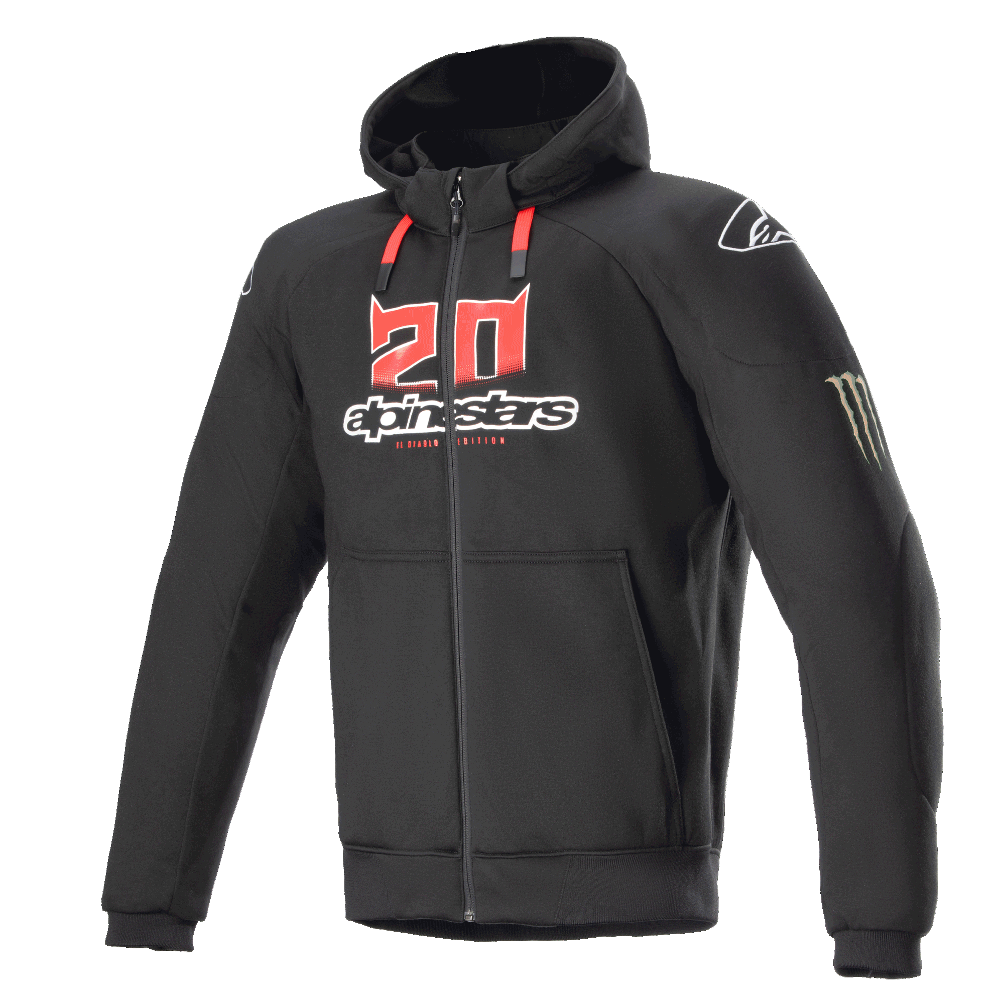 Alpinestars FQ20 Chrome Ignition Monster Hoodie, schwarzer Motorrad-Hoodie mit Reißverschluss, rotes und weißes „20“-Logo auf der Brust, Alpinestars Schriftzug, rote Kordelzüge, weißes Logo auf der Schulter, Monster Energy Kralle auf dem Ärmel, schützende Urban Riding Ausrüstung
