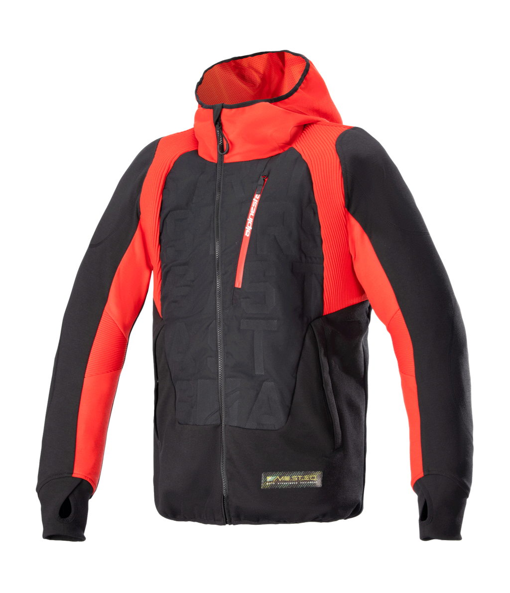 Alpinestars MO.ST.EQ Hybrid Hooded Jacket, Black and Flame Red, technical motorcycle hoodie with angled front zipper, red chest pocket, embossed pattern on torso, and thumb loops, blending urban streetwear with protective riding gear