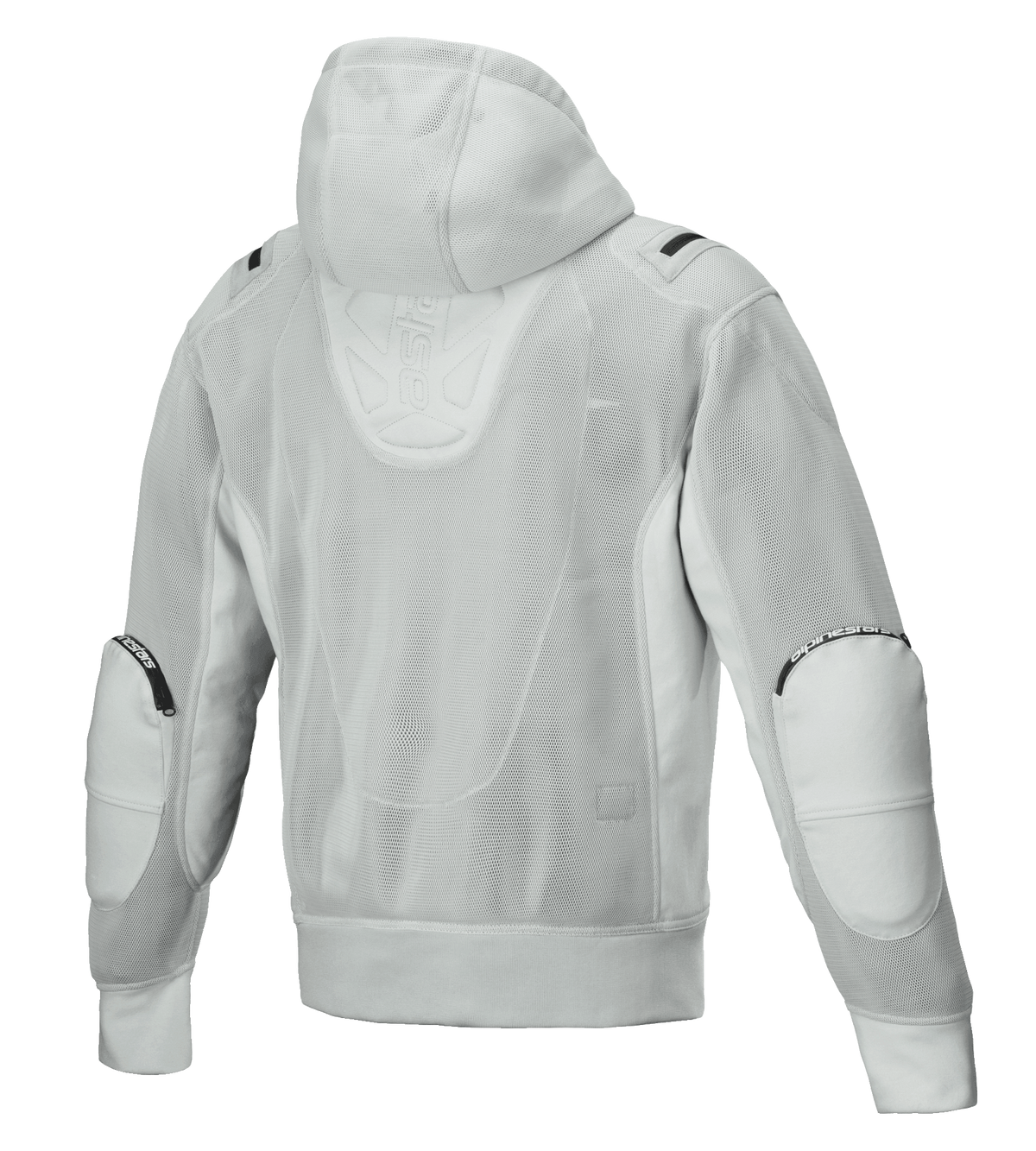 Alpinestars Moflow Air Tech Hoodie, Motorradjacke für Herren, Grau, Rückansicht mit durchgehender, hochdichter Mesh-Konstruktion, Mesh-Kapuze, verstärkten Ellbogen-Einsätzen und dezentem Alpinestars-Branding, urbanes Tech-Wear-Design