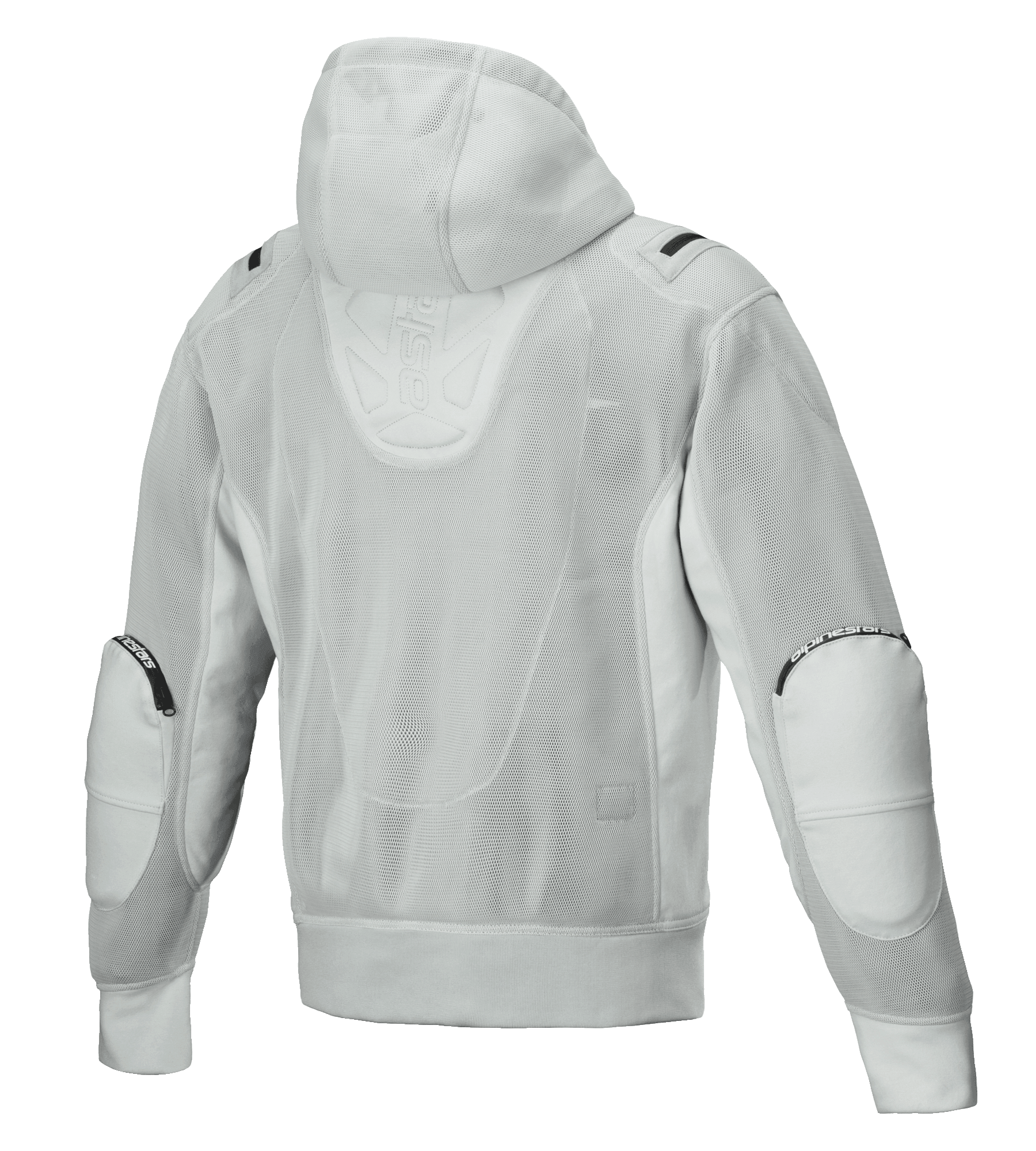 Alpinestars Moflow Air Tech Hoodie, Men's Motorcycle Jacket, Gray, Back view featuring full high-density mesh construction, mesh hood, reinforced elbow panels, and subtle Alpinestars branding, urban tech-wear design