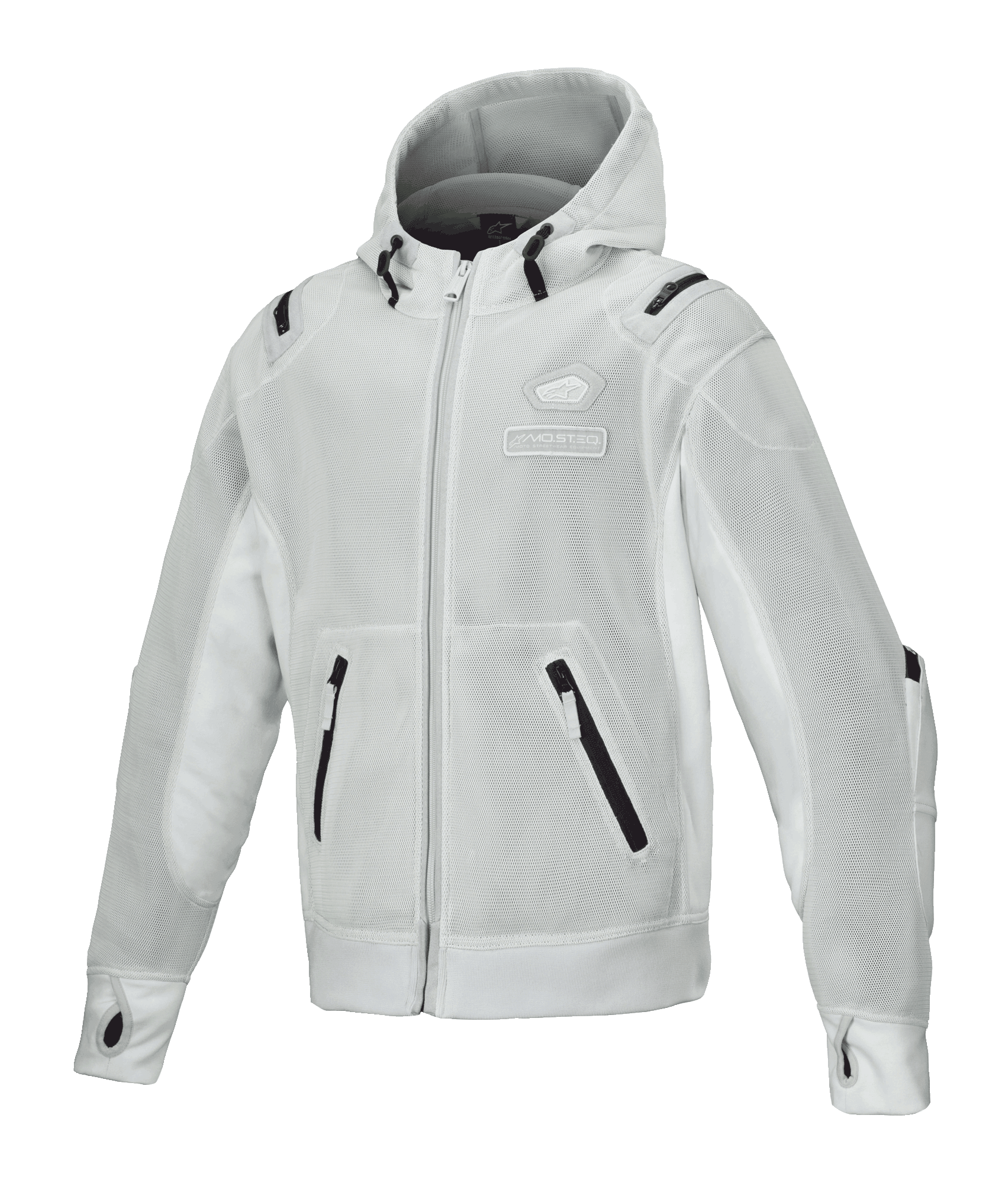 Alpinestars Moflow Air Tech Hoodie, Herren-Mesh-Motorradjacke, Hellgrau mit schwarzen Akzenten, vollständige Mesh-Konstruktion, Reißverschlusstaschen, Daumenlöcher an den Ärmelbündchen, urbane Motorradbekleidung