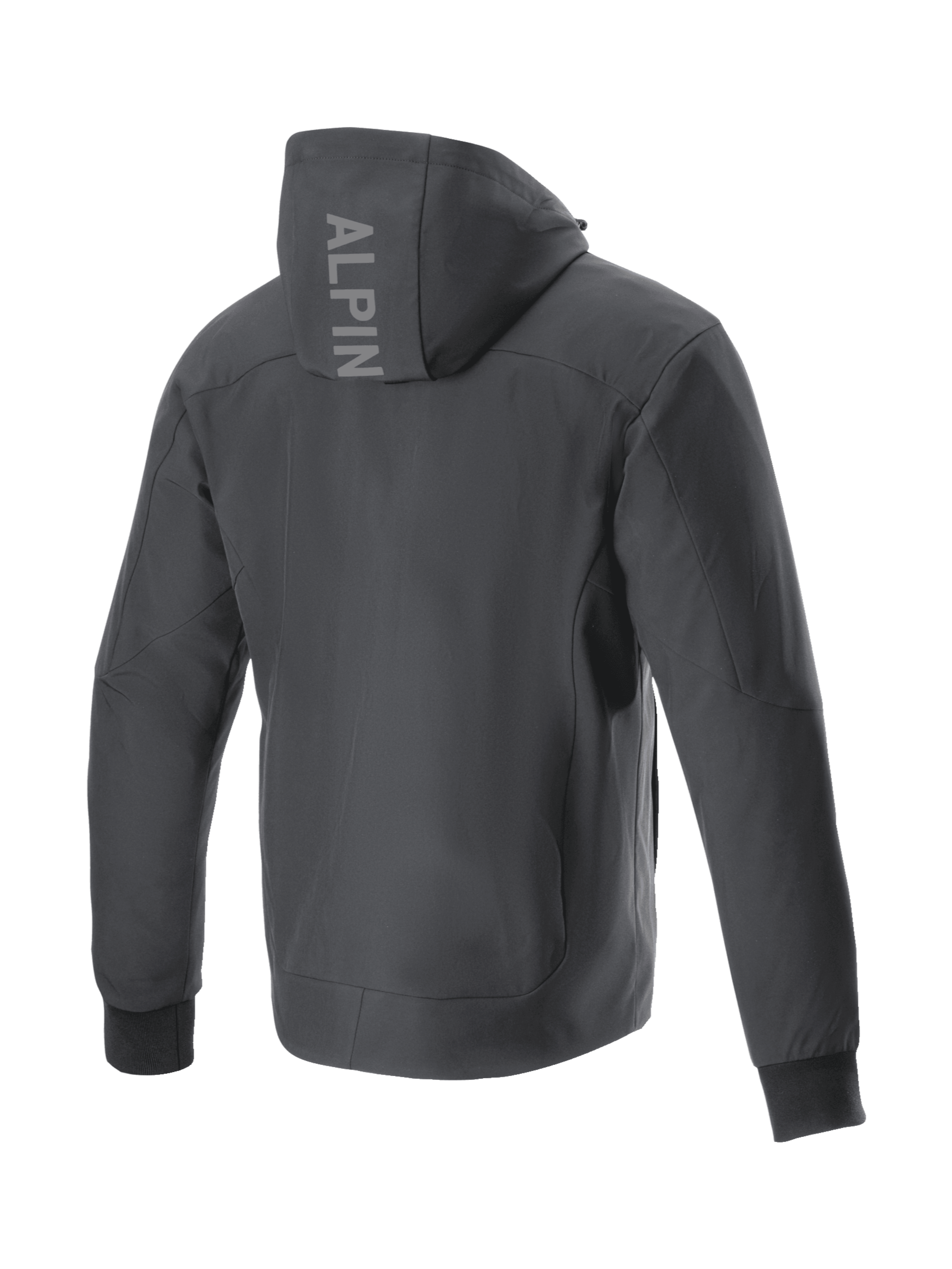 Alpinestars Radium Tech Hoodie, black windproof 3L Tech shell urban motorcycle jacket, Men's back view with hood branding.