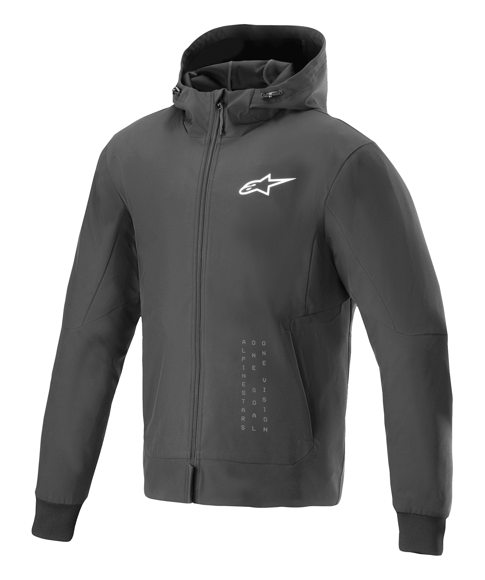 Alpinestars Radium Tech Hoodie, Schwarz-weiße urbane Motorradjacke, weißes Stern-Logo auf der Brust, vertikales Branding, Kapuzendesign mit durchgehendem Reißverschluss, gerippte Bündchen, moderne sportliche Passform