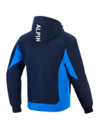 Alpinestars Radium Tech Hoodie, technical motorcycle hoodie, Night Navy and Royal Blue, rear view showing white vertical 'ALPIN' branding on the hood, bright blue side panels and lower hem, ribbed cuffs, urban athletic design