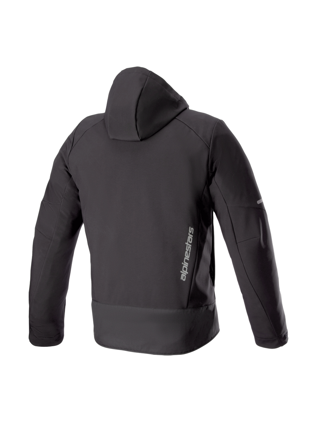 Alpinestars Neo Wasserdicht Kapuzenjacke, schwarze Urban-Motorradjacke für Herren, Rückansicht aus wasserdichtem Softshell.
