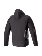 Alpinestars Neo Wasserdicht Kapuzenjacke, schwarze Urban-Motorradjacke für Herren, Rückansicht aus wasserdichtem Softshell.