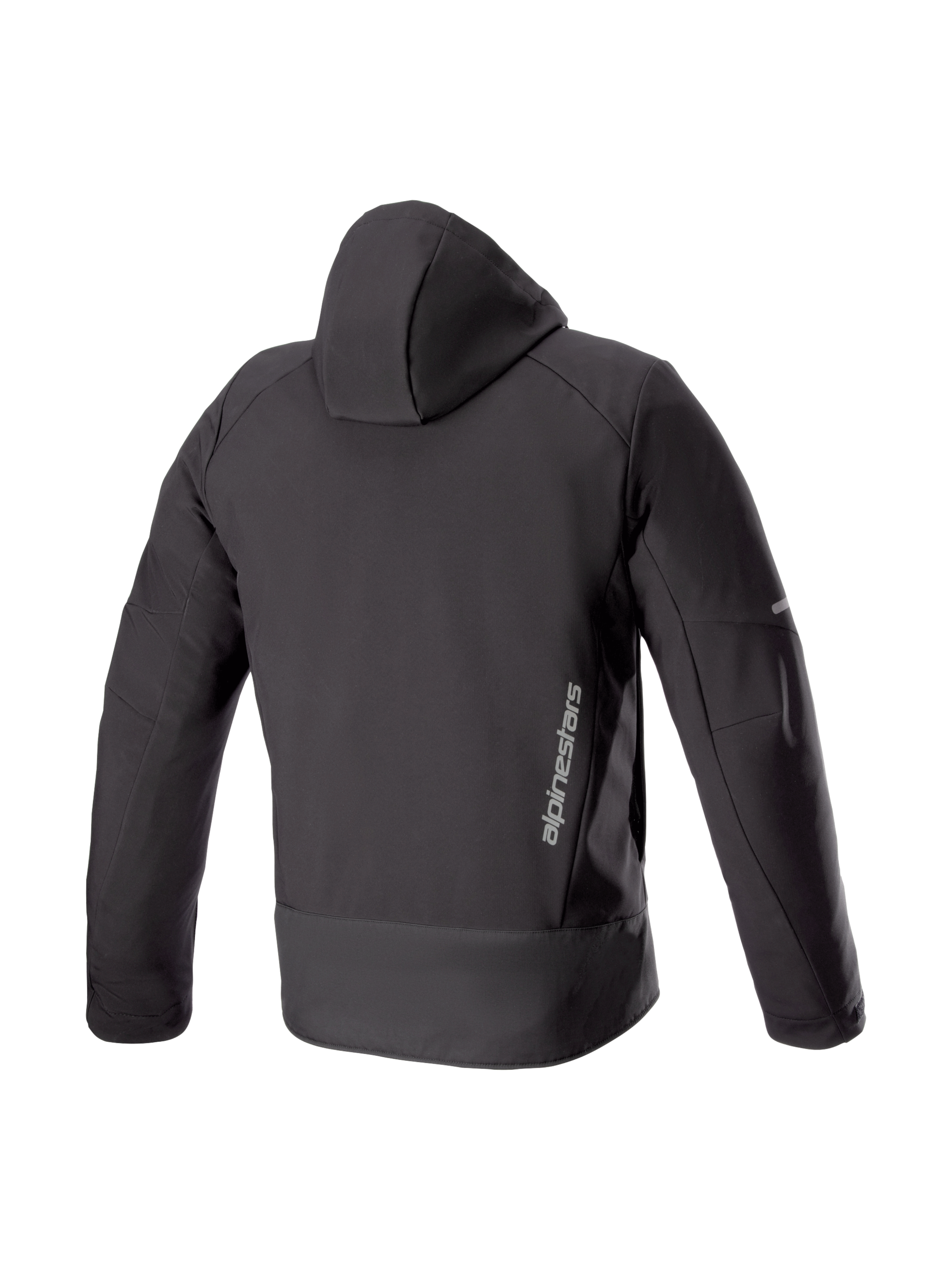Alpinestars Neo Wasserdicht Kapuzenjacke, schwarze Urban-Motorradjacke für Herren, Rückansicht aus wasserdichtem Softshell.