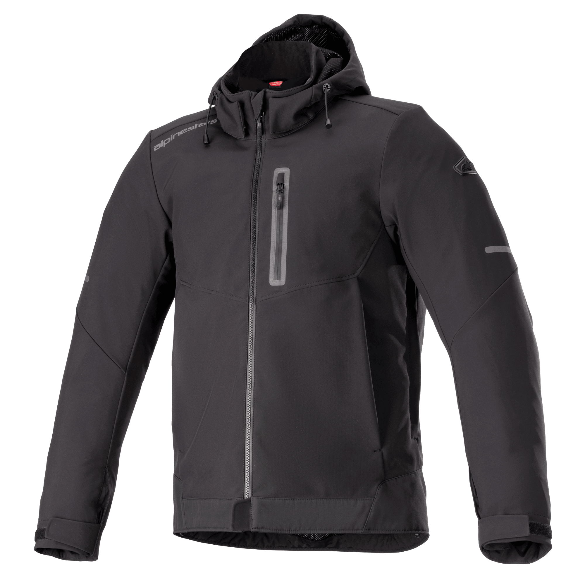 Alpinestars Neo Waterproof Hoodie, Black, urban motorcycle jacket, smooth water-resistant fabric, full front zipper, vertical zippered chest pocket, attached drawstring hood, reflective accents on sleeves, adjustable velcro cuffs, technical commuter style