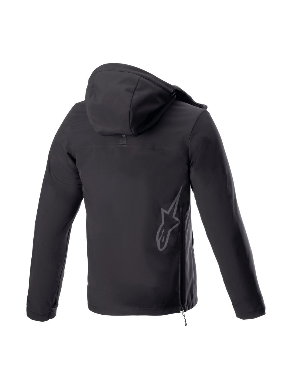 Alpinestars Sherpa Kapuzenjacke, schwarze Urban-Motorradjacke, Rückansicht mit reflektierendem Logo und Seitenreißverschluss.