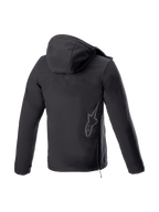Alpinestars Sherpa Kapuzenjacke, schwarze Urban-Motorradjacke, Rückansicht mit reflektierendem Logo und Seitenreißverschluss.