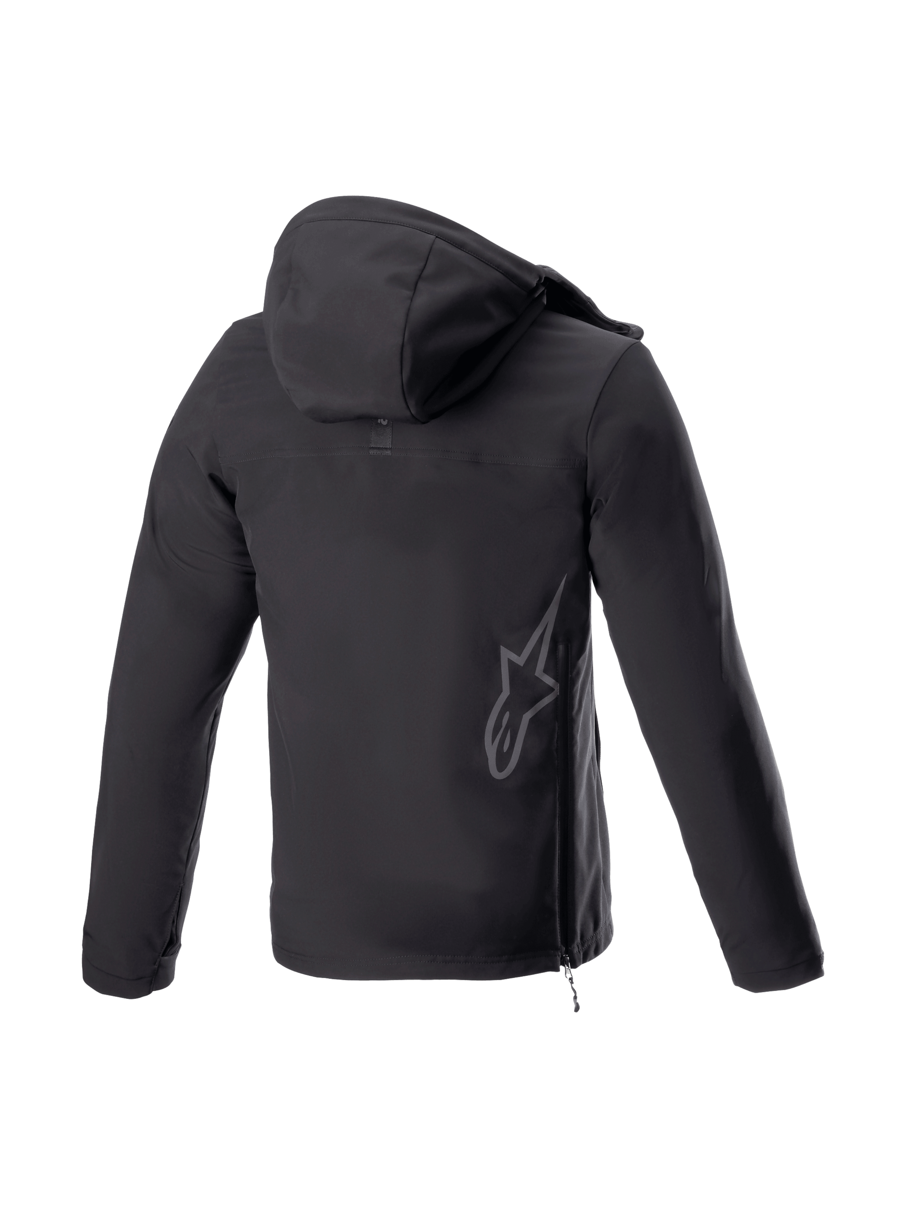 Alpinestars Sherpa Kapuzenjacke, schwarze Urban-Motorradjacke, Rückansicht mit reflektierendem Logo und Seitenreißverschluss.