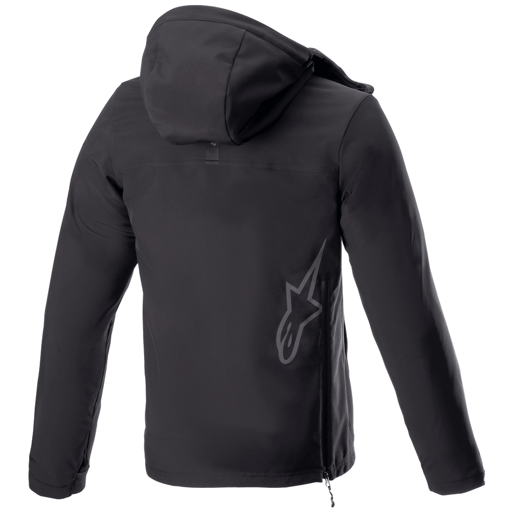 Alpinestars Sherpa Hoodie, Urban Motorrad-Kapuzenjacke, Black Reflex, Rückansicht mit großem reflektierendem Alpinestars Stern-Logo auf dem unteren Rücken, seitlicher Reißverschluss und Kapuze, winddichtes Softshell-Design