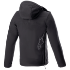Alpinestars Sherpa Hoodie, Urban Motorrad-Kapuzenjacke, Black Reflex, Rückansicht mit großem reflektierendem Alpinestars Stern-Logo auf dem unteren Rücken, seitlicher Reißverschluss und Kapuze, winddichtes Softshell-Design