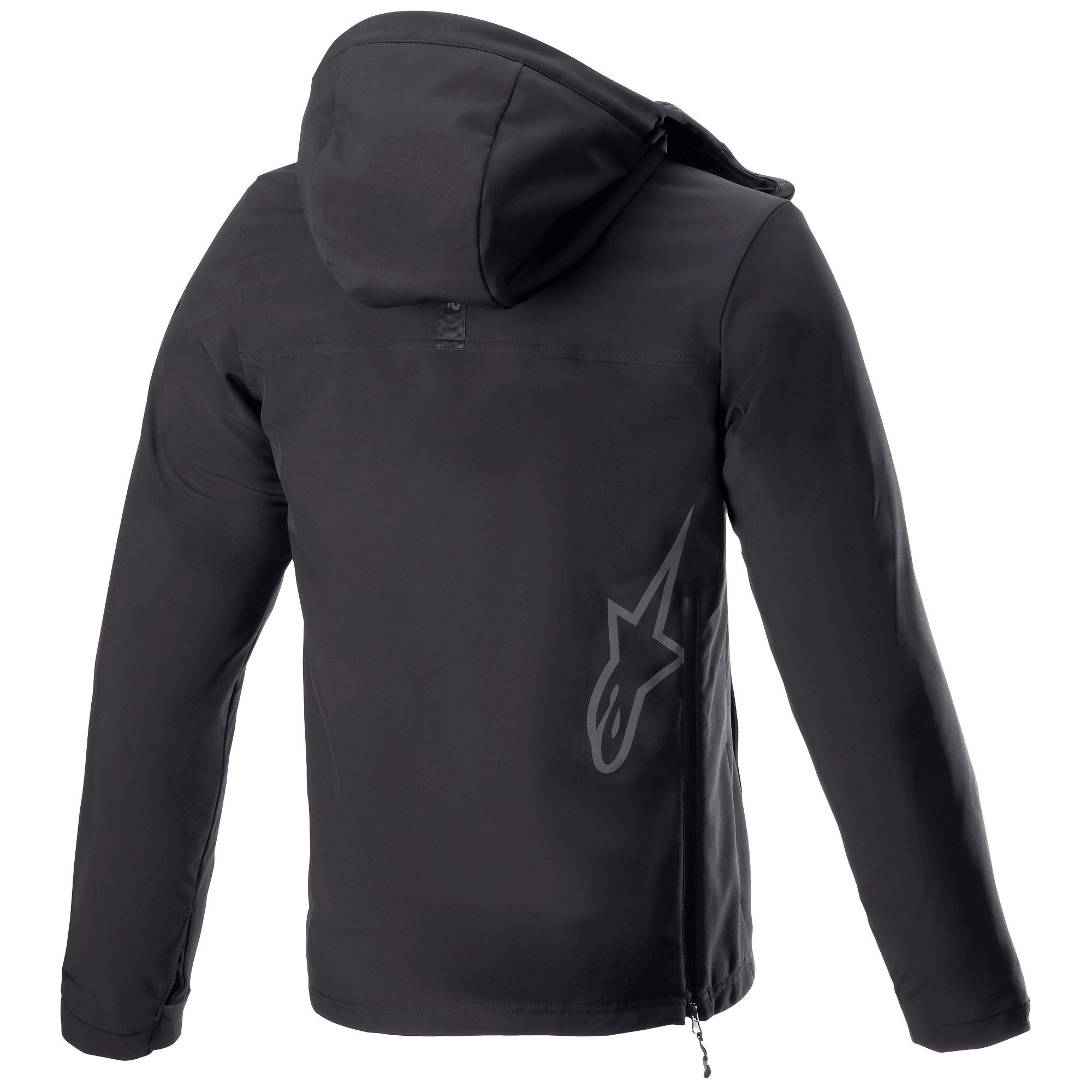 Alpinestars Sherpa Hoodie, Urban Motorrad-Kapuzenjacke, Black Reflex, Rückansicht mit großem reflektierendem Alpinestars Stern-Logo auf dem unteren Rücken, seitlicher Reißverschluss und Kapuze, winddichtes Softshell-Design