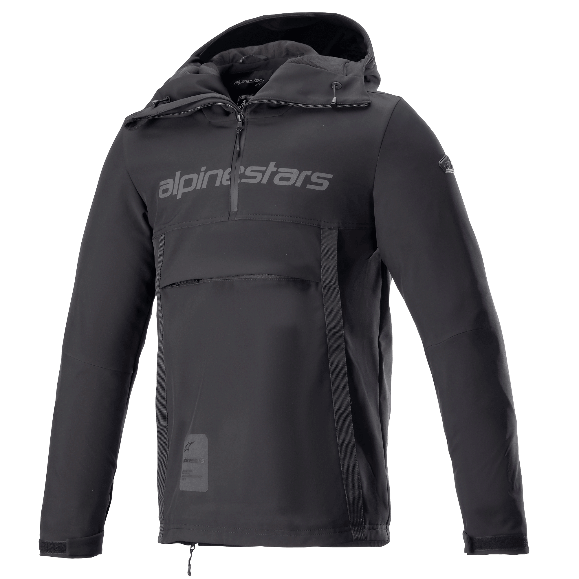 Alpinestars Sherpa Hoodie, Motorrad-Anorak-Jacke in Black Reflex, Halbreißverschluss mit Brustlogo, Große Reißverschlusstasche vorne, technisches Softshell-Gewebe, sportliches Urban-Design