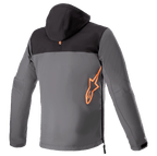 Alpinestars Sherpa Hoodie, back view, technical motorcycle jacket in Black and Gray, large fluorescent orange Alpinestars logo on the lower back, side zipper entry, softshell urban riding gear