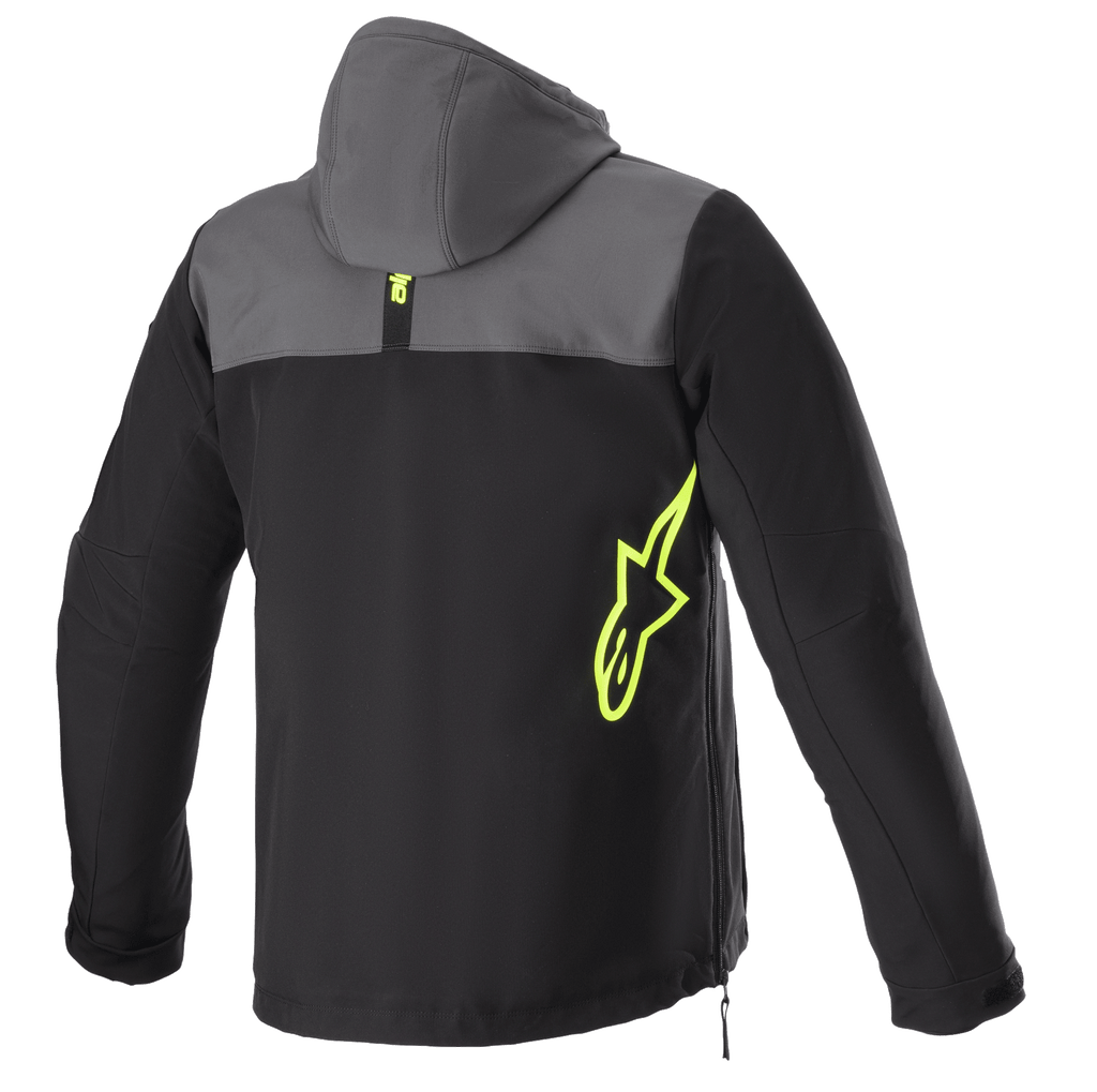 Alpinestars Sherpa Hoodie, back view, Tar Gray and Black with Yellow Fluo accents, neon yellow star logo on the side, softshell motorcycle jacket with hood, side zipper detail, urban commuting apparel