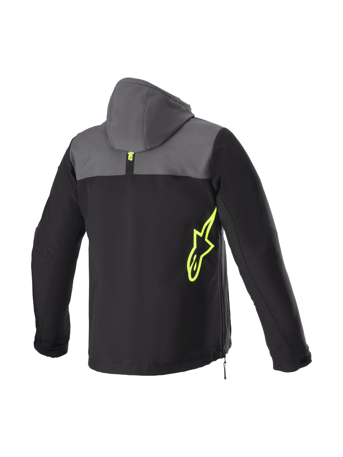 Alpinestars Sherpa Kapuzenjacke, Urban Motorradjacke für Herren, Rückansicht, Schwarz und Teer Grau mit Gelb Fluo Logo, winddichte Softshell-Konstruktion