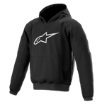 Alpinestars Ageless Hoodie, urban riding motorcycle hoodie, Black with white star logo, pullover style with kangaroo pocket, ribbed cuffs and hem, casual motorsport-inspired design