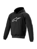 Alpinestars Ageless Kapuzenpullover, urbaner Herren-Motorrad-Hoodie, Schwarz, großes weißes Logo auf der Brust, Textilmaterial mit schützenden Nucleon-Protektoren.