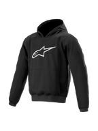 Alpinestars Ageless Kapuzenpullover, urbaner Herren-Motorrad-Hoodie, Schwarz, großes weißes Logo auf der Brust, Textilmaterial mit schützenden Nucleon-Protektoren.