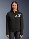 Alpinestars Woman Stella Chrome V2 Sport Hoodie, women's black zip-up motorcycle hoodie, white star logo on chest, tech fleece construction, hood with snap collar button, casual urban performance gear