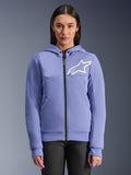 Alpinestars Stella Chrome V2 Sport Hoodie, Motorrad-Hoodie für Damen, Blauviolett mit weißem Stern-Logo, durchgehender Frontreißverschluss, Kapuzenverschluss mit Druckknöpfen, Tech-Fleece-Material für Fahrten in der Stadt, lässige schützende Motorradjacke