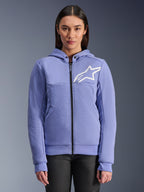 Alpinestars Stella Chrome V2 Sport Hoodie, Motorrad-Hoodie für Damen, Blauviolett mit weißem Stern-Logo, durchgehender Frontreißverschluss, Kapuzenverschluss mit Druckknöpfen, Tech-Fleece-Material für Fahrten in der Stadt, lässige schützende Motorradjacke