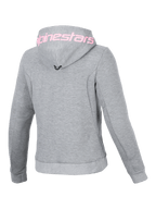 Alpinestars Stella Chrome V2 Sport Kapuzenjacke, urbane Motorrad-Schutzausrüstung für Damen, Grau meliert und Pink Fluo, Tech-Fleece, Rückenansicht mit Alpinestars-Schriftzug auf der Kapuze.