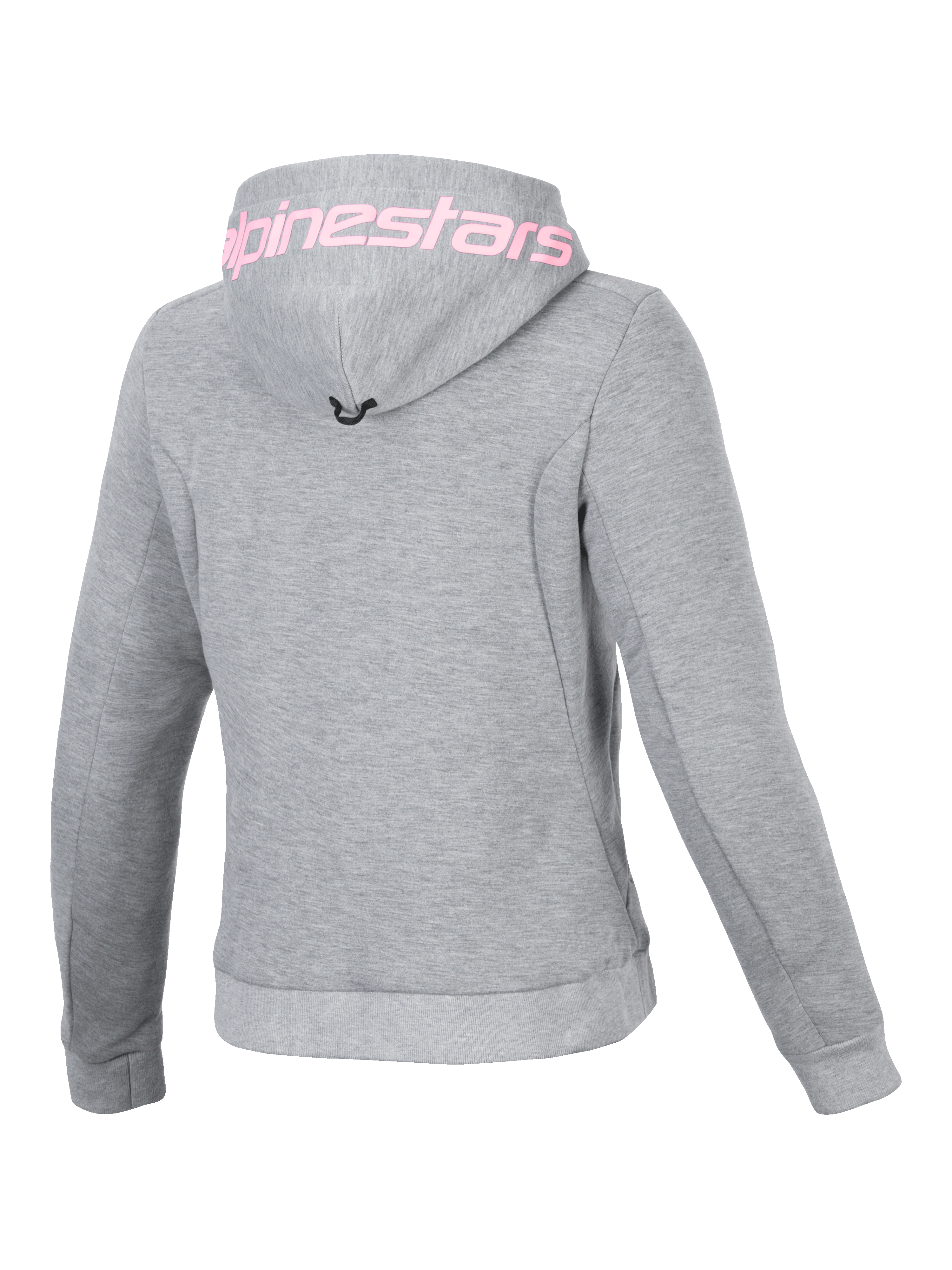 Alpinestars Stella Chrome V2 Sport Kapuzenjacke, urbane Motorrad-Schutzausrüstung für Damen, Grau meliert und Pink Fluo, Tech-Fleece, Rückenansicht mit Alpinestars-Schriftzug auf der Kapuze.