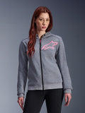 Alpinestars Stella Chrome V2 Sport Hoodie, Damen-Motorrad-Kapuzenjacke, Grau meliert mit pinkem Fluo-Stern-Logo, Tech-Fleece mit gerippten Bündchen und Saum, schwarzer Frontreißverschluss mit pinkem Zipper, lässige urbane Motorrad-Streetwear getragen mit schwarzer Hose