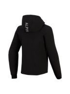 Alpinestars Stella Radium Tech Damen-Hoodie, Rückansicht, schwarzer technischer Motorrad-Hoodie, mit vertikalem 'ALPIN'-Schriftzug auf der Kapuze, gerippte Stretch-Bündchen, schützende urbane Fahrausrüstung für Damen