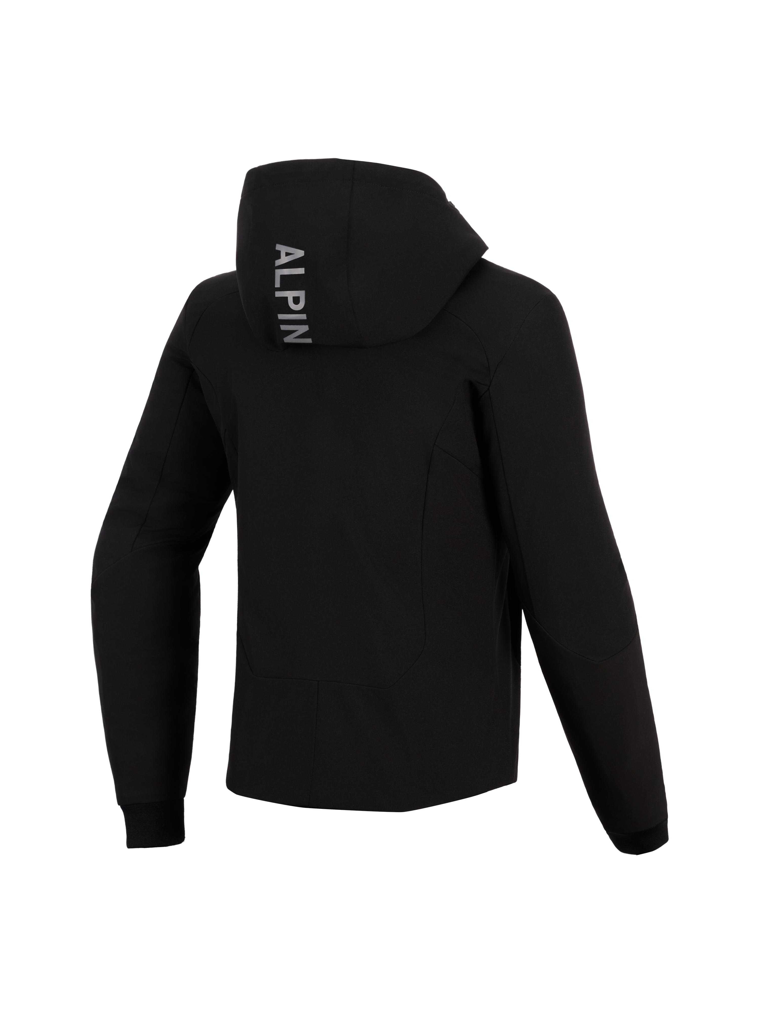Alpinestars Stella Radium Tech Damen-Hoodie, Rückansicht, schwarzer technischer Motorrad-Hoodie, mit vertikalem 'ALPIN'-Schriftzug auf der Kapuze, gerippte Stretch-Bündchen, schützende urbane Fahrausrüstung für Damen