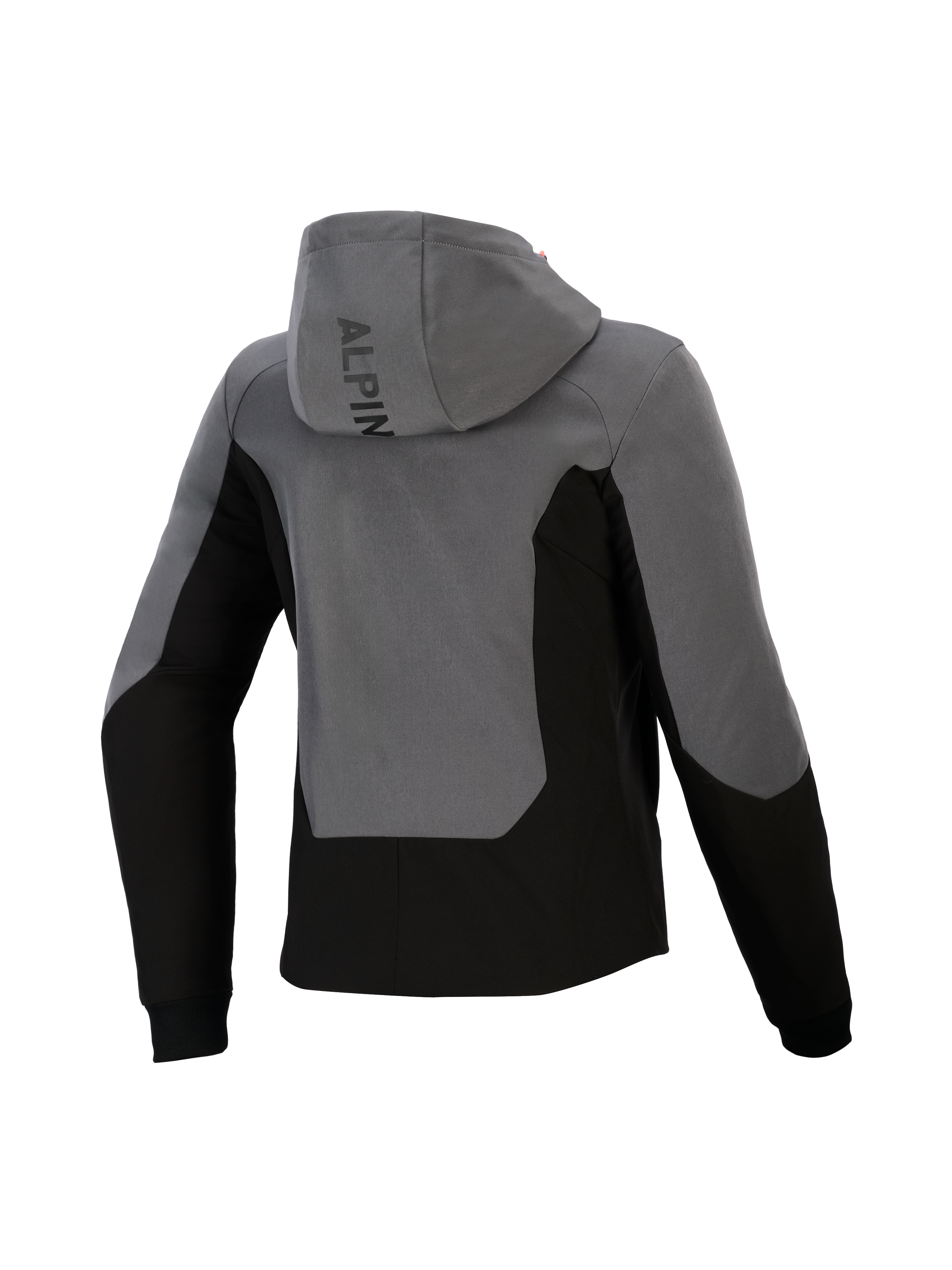 Alpinestars Woman Stella Radium Tech Hoodie, Rear View, Deep Gray and Black, urban motorcycle riding hoodie featuring a windproof shell, color-blocked design, Alpinestars branding on the hood, and ribbed cuffs.