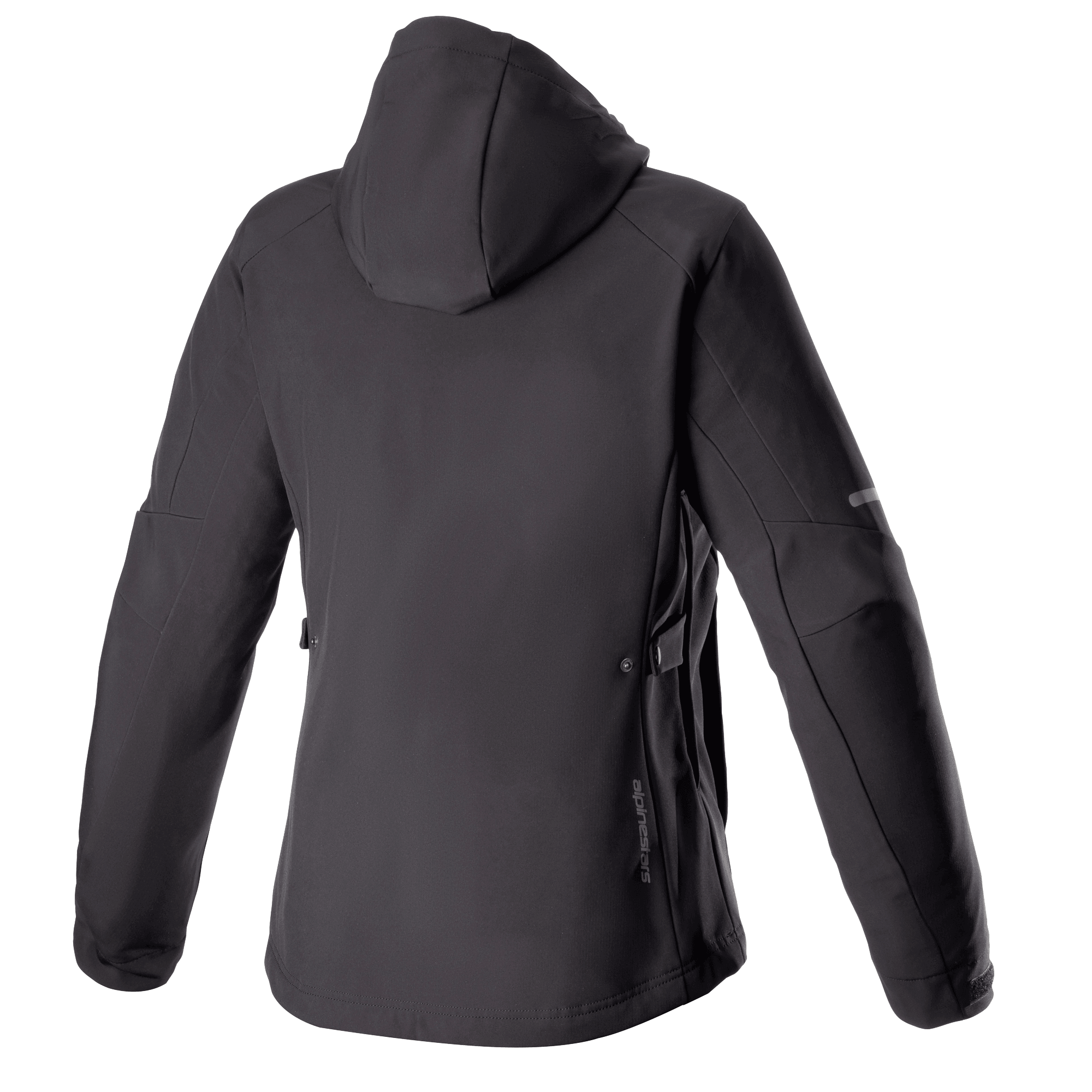 Alpinestars Women Stella Neo Waterproof Hoodie, Rear View, Black Black, featuring a technical softshell construction with a detachable hood, subtle vertical branding on the lower back, and a streamlined women-specific fit for urban riding.