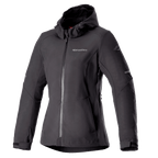 Alpinestars Stella Neo Waterproof Hoodie, Women's Motorcycle Jacket, Black, hooded design with central front zipper, adjustable cuffs, technical softshell fabric, tailored women's fit with chest branding