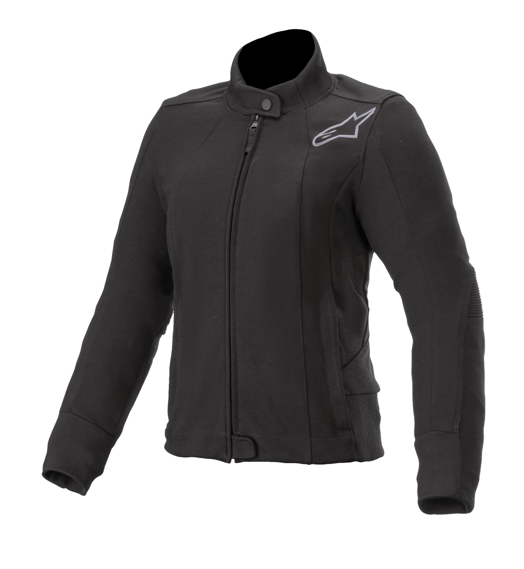 Alpinestars Women's Banshee Fleece, Black Motorcycle Jacket, High Collar with Snap Button and Front Zipper, Grey Embroidered Astars Logo on Chest, Ribbed Cuffs and Hem, Fitted Urban Riding Design