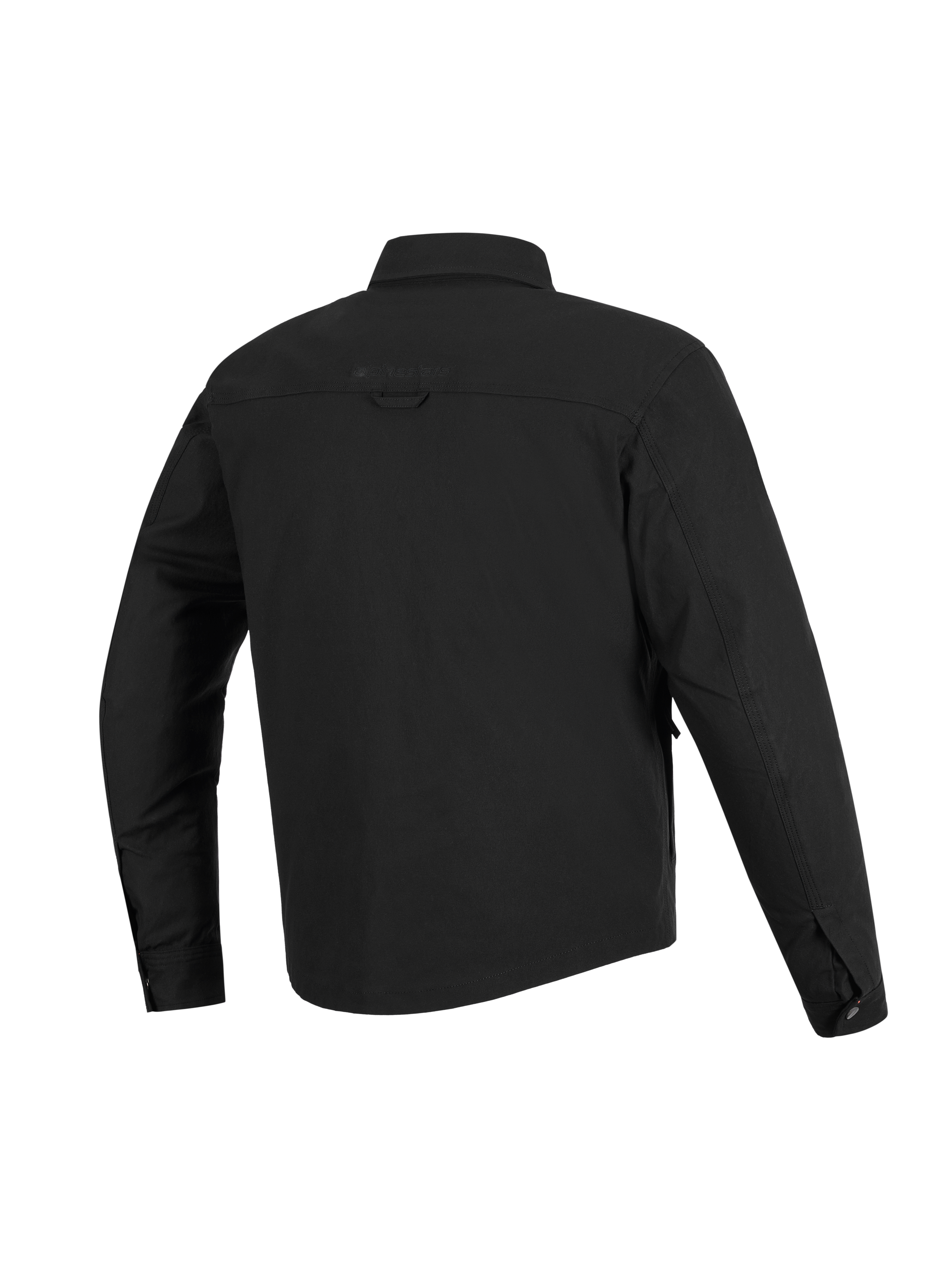 Alpinestars Bryon Water Resistant Overshirt, Black, Back view, featuring durable waxed canvas construction, horizontal shoulder yoke, back hanging loop, and a slightly longer back for motorcycle riding coverage.