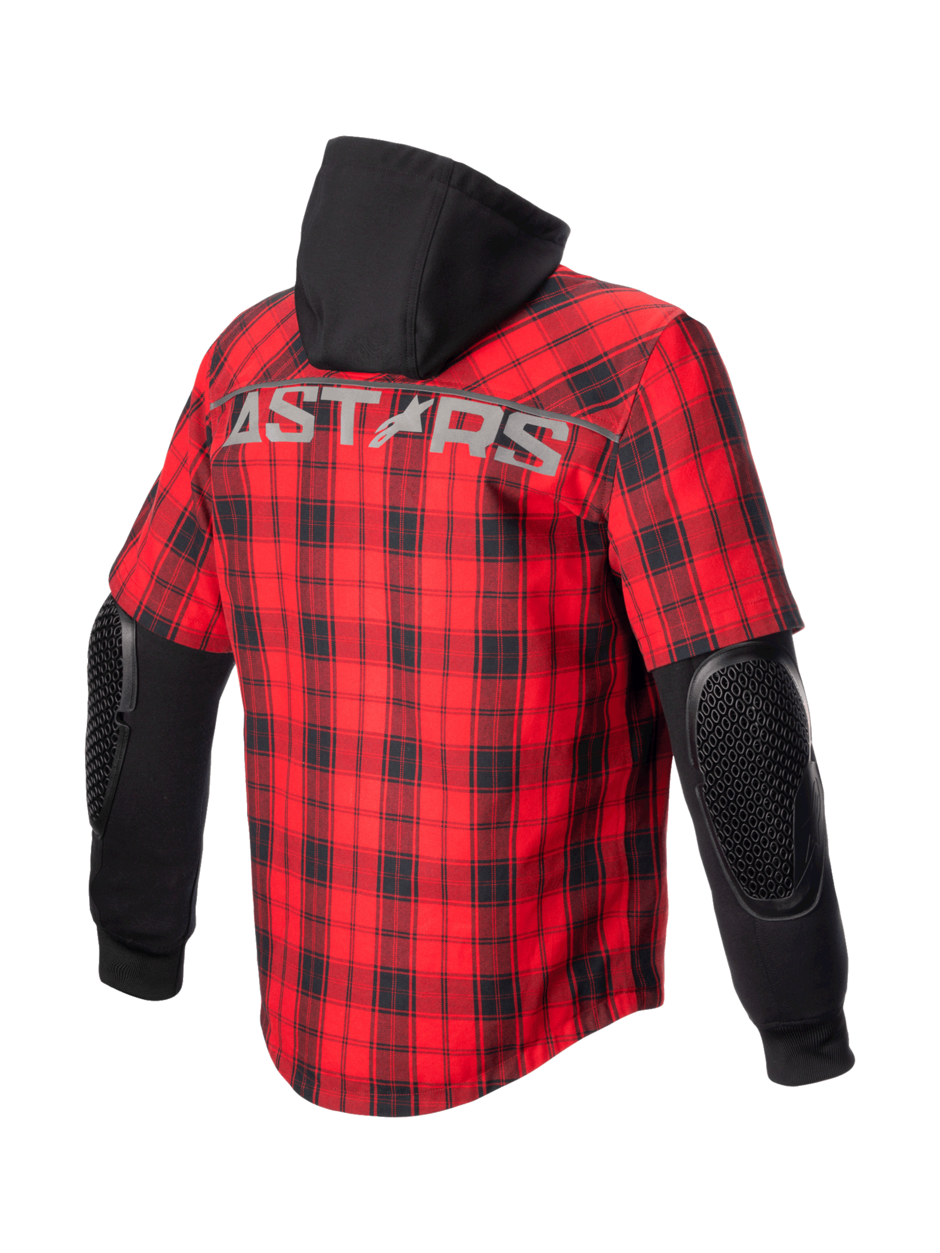 Alpinestars MO.ST.EQ Tartan Hemd, urbane Motorradjacke für Herren, Rot und Schwarz mit Karomuster, Rückansicht mit ASTARS-Schriftzug, Kapuze und sichtbaren Nucleon Flex Plus Ellbogenprotektoren.