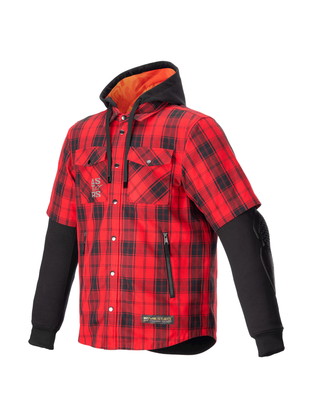 Alpinestars MO.ST.EQ Tartan Hemd, Urban-Motorradjacke für Herren, Rot und Schwarz kariert, CE-zertifizierte Nucleon Flex Plus Protektoren, integrierte Kapuze mit orangefarbenem Innenfutter, Kurzarm-Optik mit langen schwarzen Ärmeln.