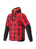 Alpinestars MO.ST.EQ Tartan Hemd, Urban-Motorradjacke für Herren, Rot und Schwarz kariert, CE-zertifizierte Nucleon Flex Plus Protektoren, integrierte Kapuze mit orangefarbenem Innenfutter, Kurzarm-Optik mit langen schwarzen Ärmeln.